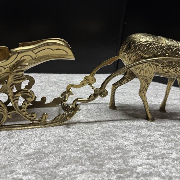 Large 22” Vintage Solid Brass 3 Piece Christmas Reindeer and Sleigh Stunning! - Picture 4 of 16
